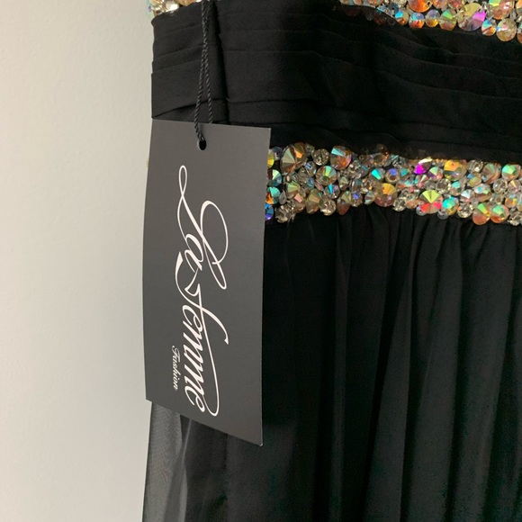 NWT Stunning Jeweled-Strap V-Neck Prom Long Dress by La Femme, Silk, Black Sz 4 - Picture 11 of 13